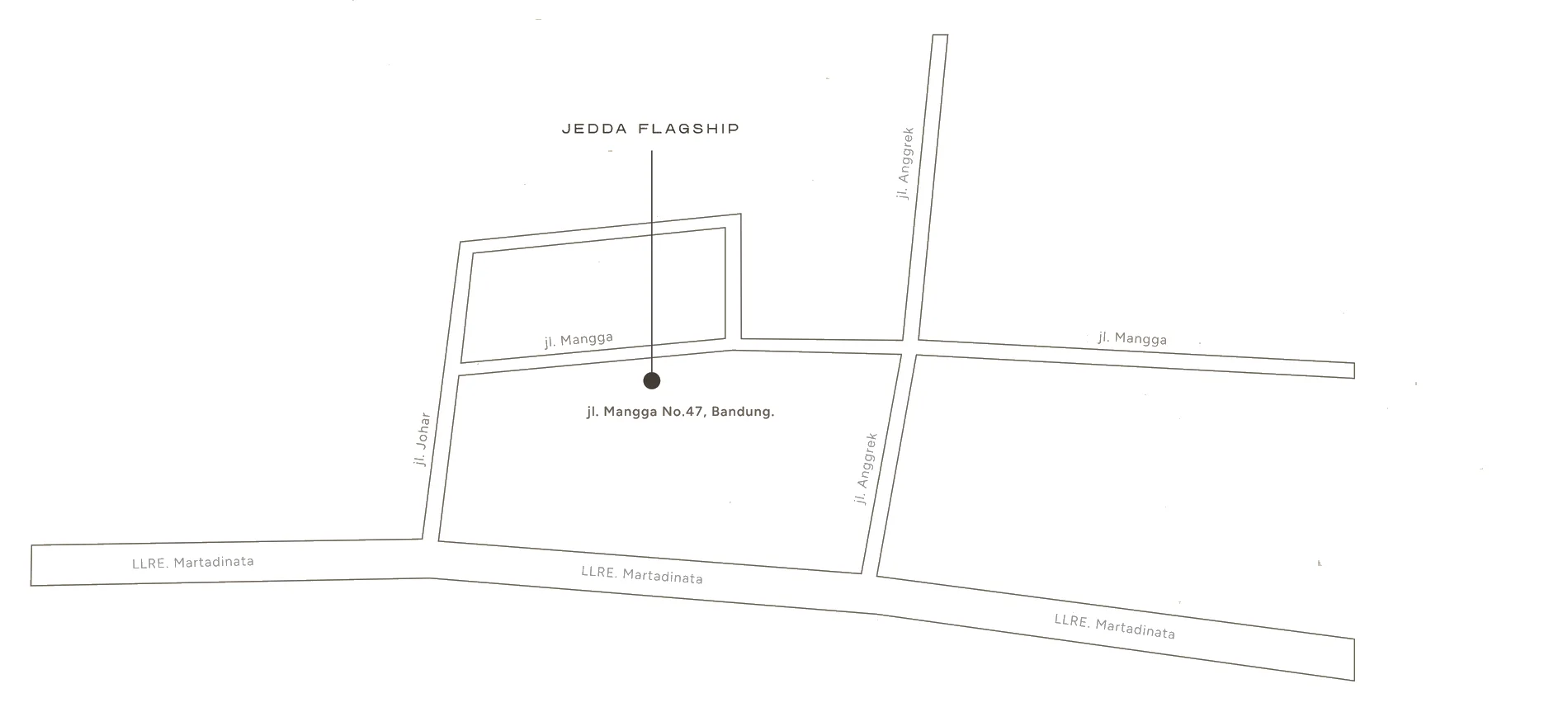 Map showing Jedda Flagship on Jl. Mangga No. 47, between Jl. Anggrek, Jl. Johar and Jl. LLRE Martadinata.
