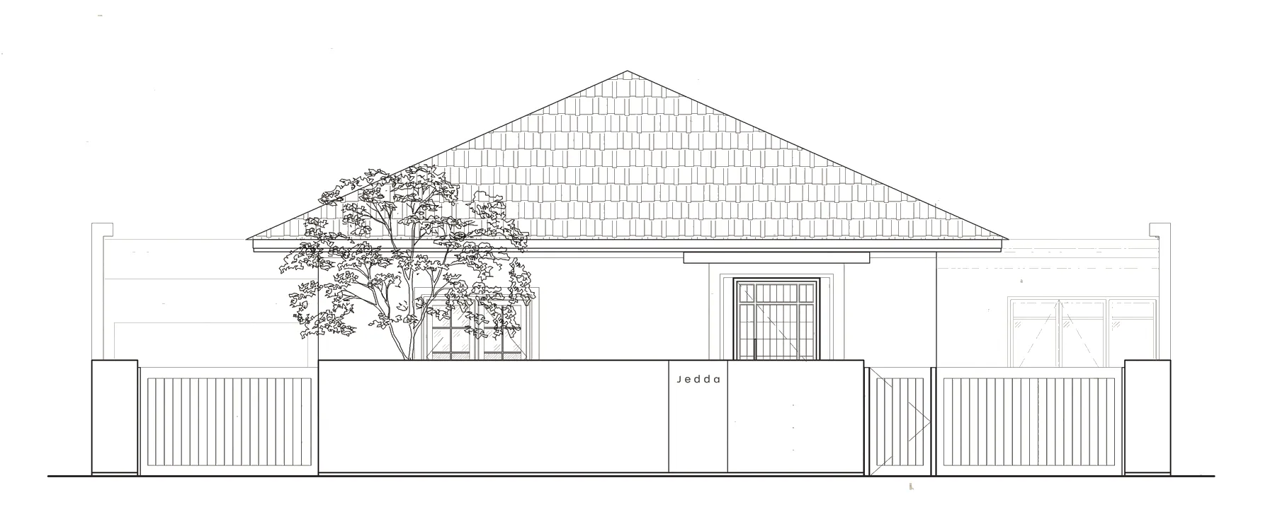 Line drawing of the Jedda Flagship storefront: a tiled roof, a low fence and a single tree in the yard.